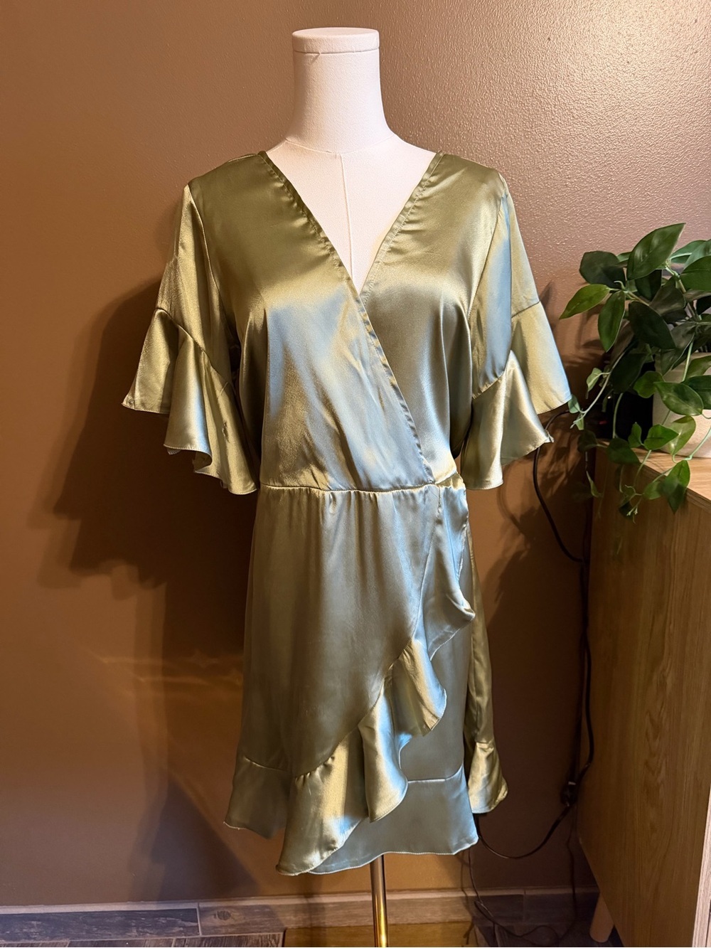 AX Paris Olive Green Satin Wrap Mini Dress